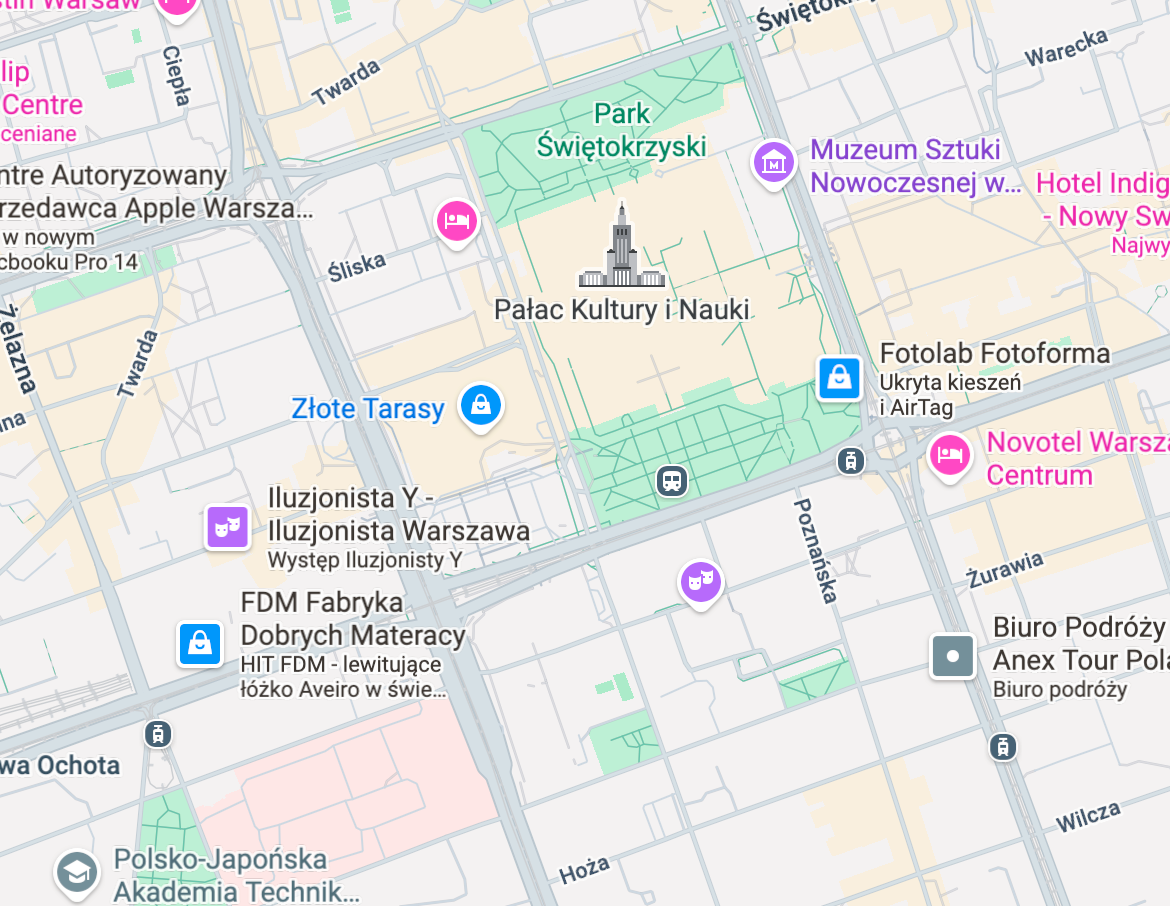 Mapa centrum Warszawy ze wskazaniem Złotych Tarasów